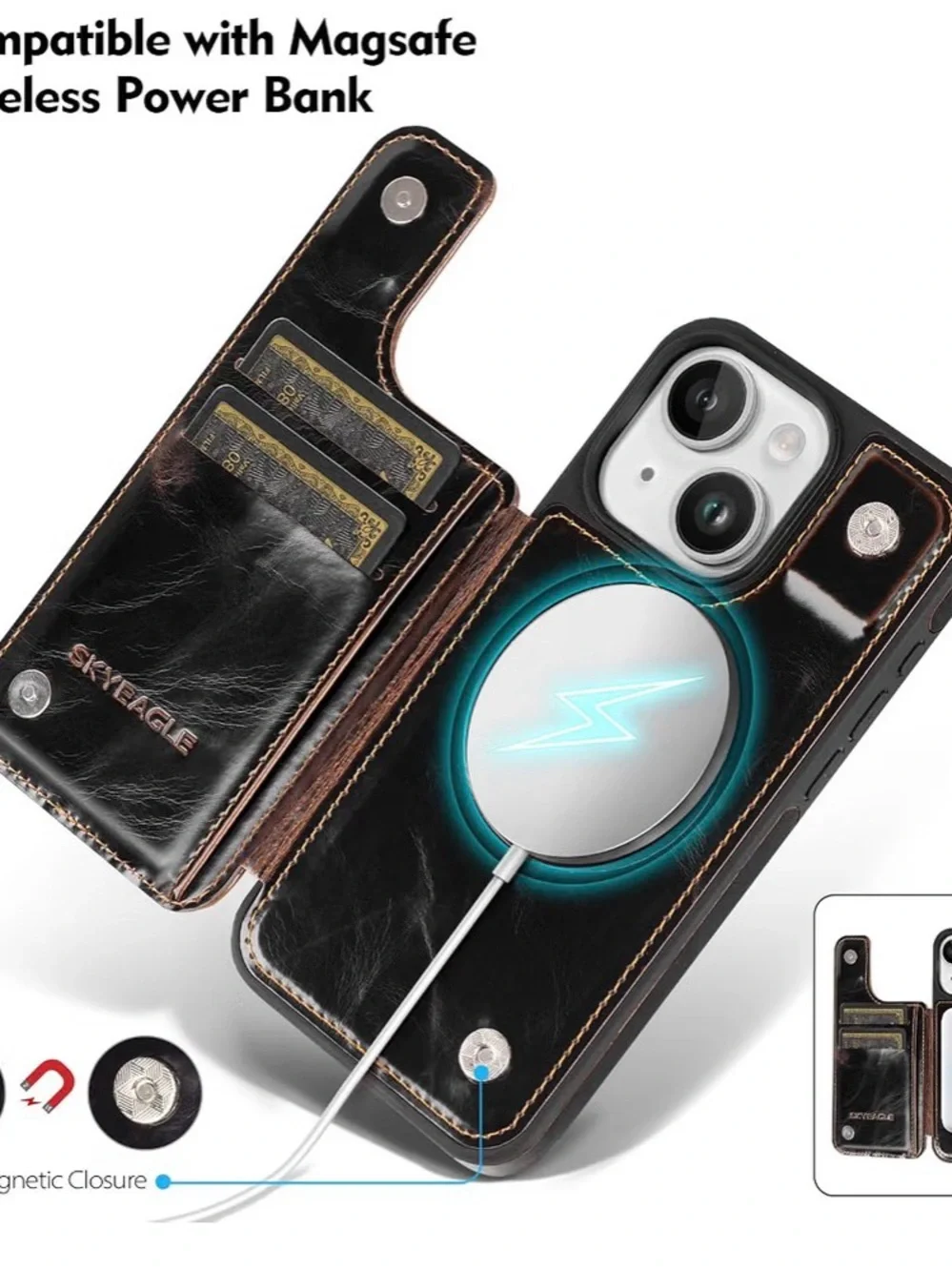 MagSafe-Compatible PU Leather Wallet Case for iPhone 15 Plus